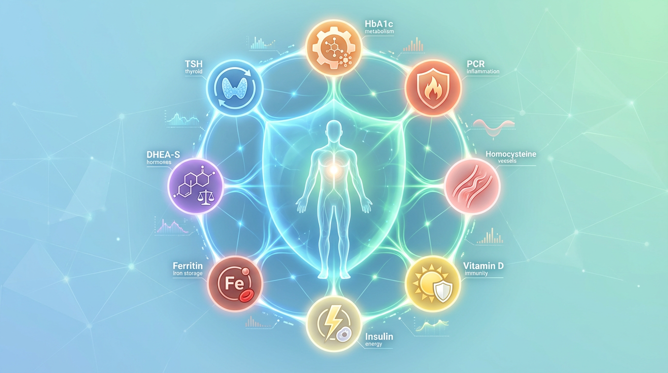 Diagrama dos 8 biomarcadores de longevidade conectados ao corpo humano