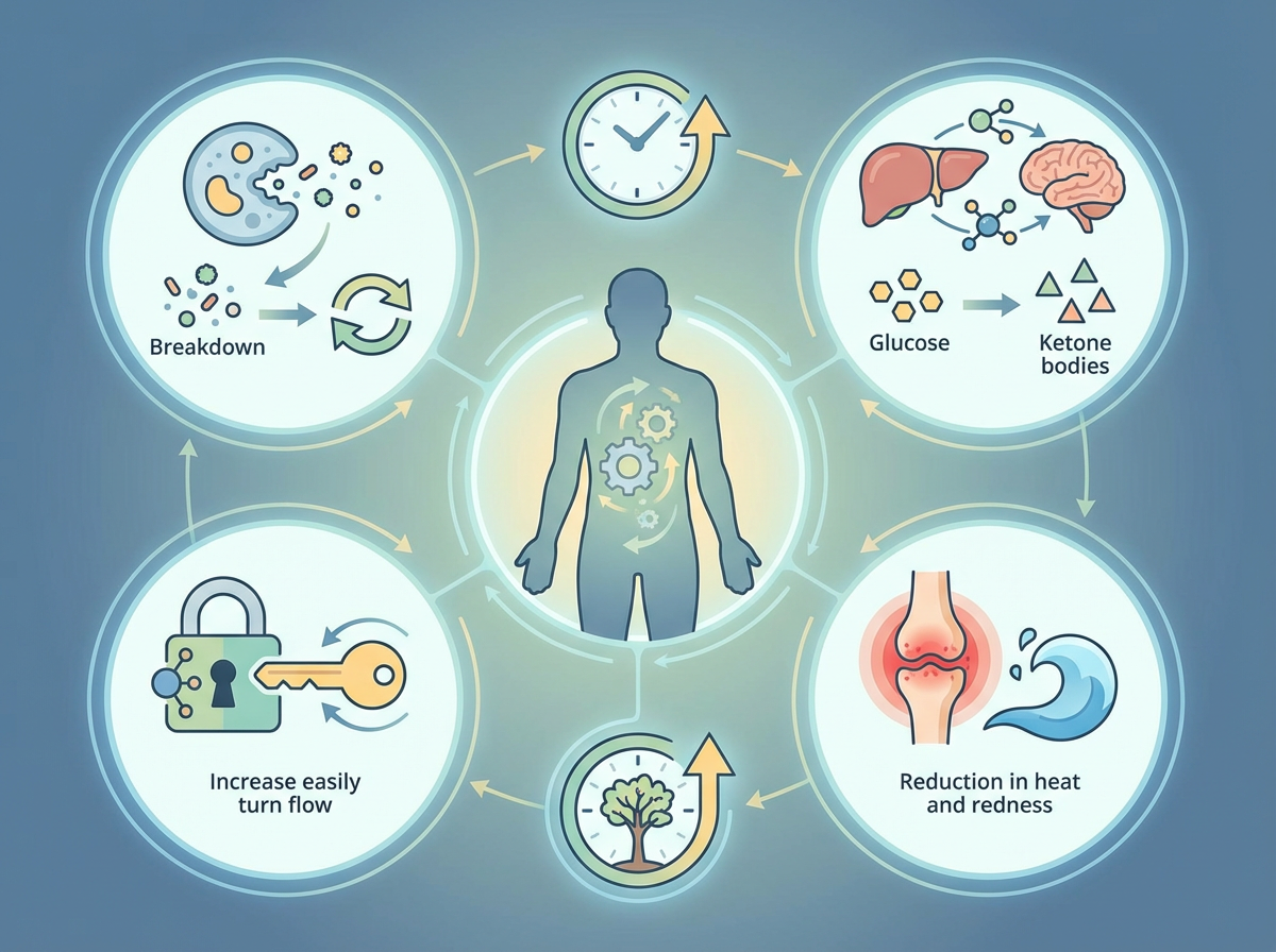 Infográfico dos mecanismos biológicos do jejum: autofagia, cetose, sensibilidade à insulina e redução de inflamação