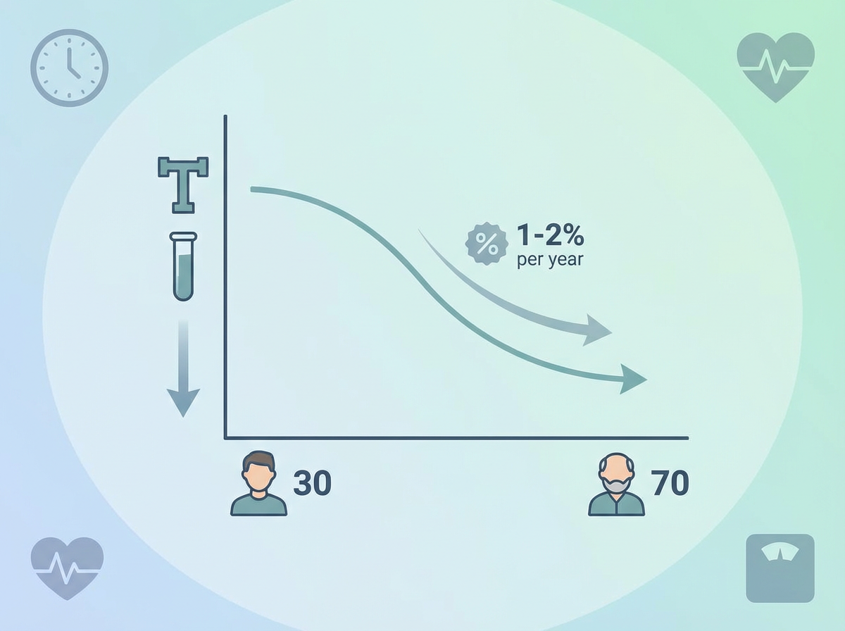 Gráfico mostrando o declínio gradual de testosterona com a idade
