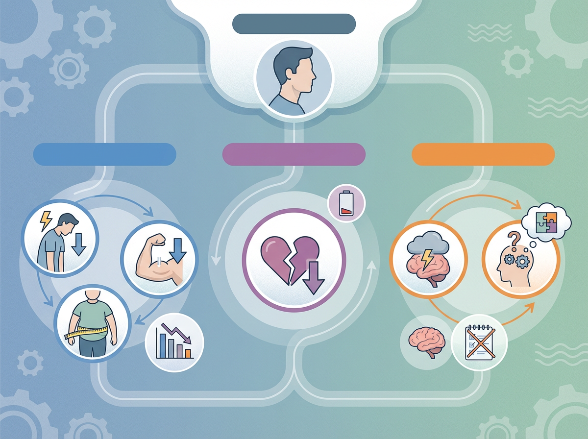 Infográfico mostrando os sintomas da andropausa divididos em categorias