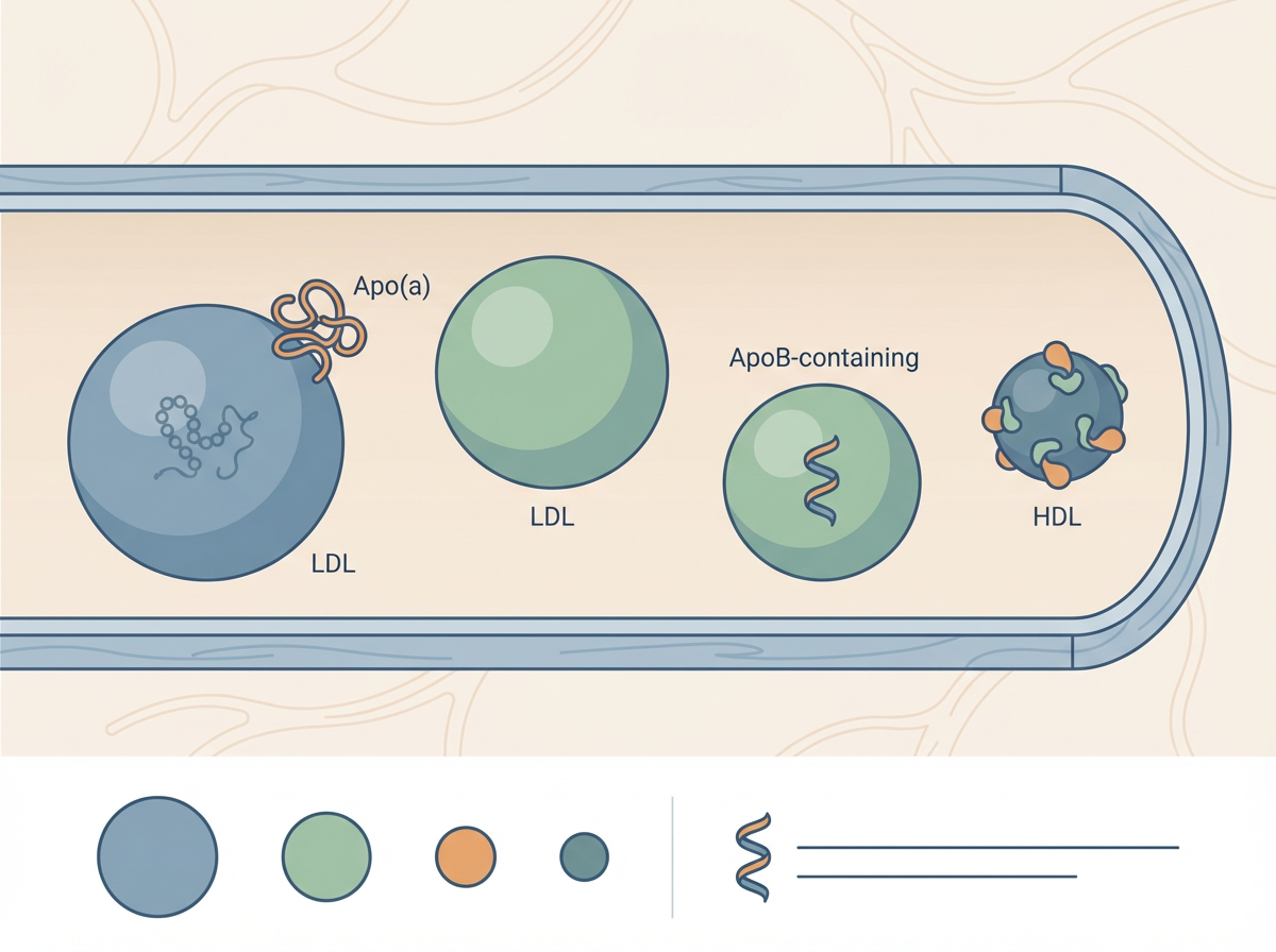 Diagrama comparando partículas lipídicas: Lp(a), LDL, HDL e ApoB