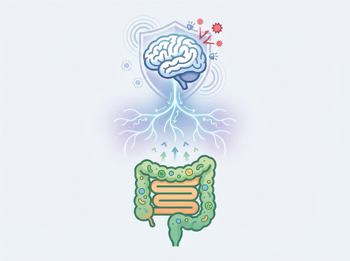 Eixo intestino-cérebro mostrando a conexão entre microbioma e saúde neurológica